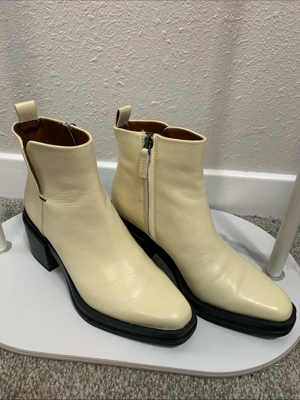 Franco Sarto Cream Leather Side-Zip Block Heel Ankle Boots